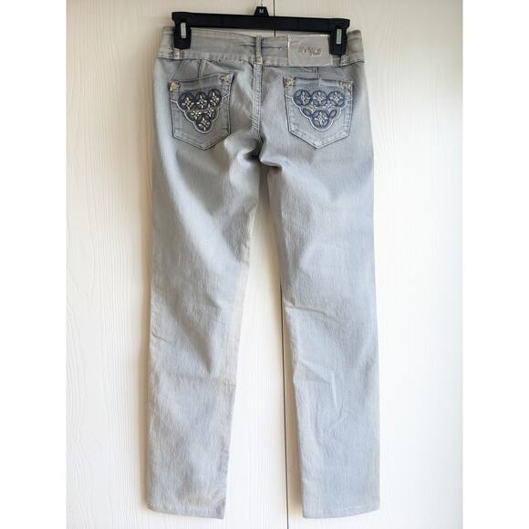 Vintage Y2K Dolce Donna Juniors Sz 5 Low Rise Light Wash Rhinestone Blue Jeans - Picture 2 of 7